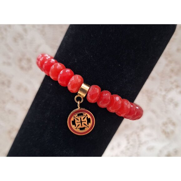 Rustic Cuff Red Agate Beaded Bracelet With Gold Charm-Excellent Used Condition - Picture 1 of 7